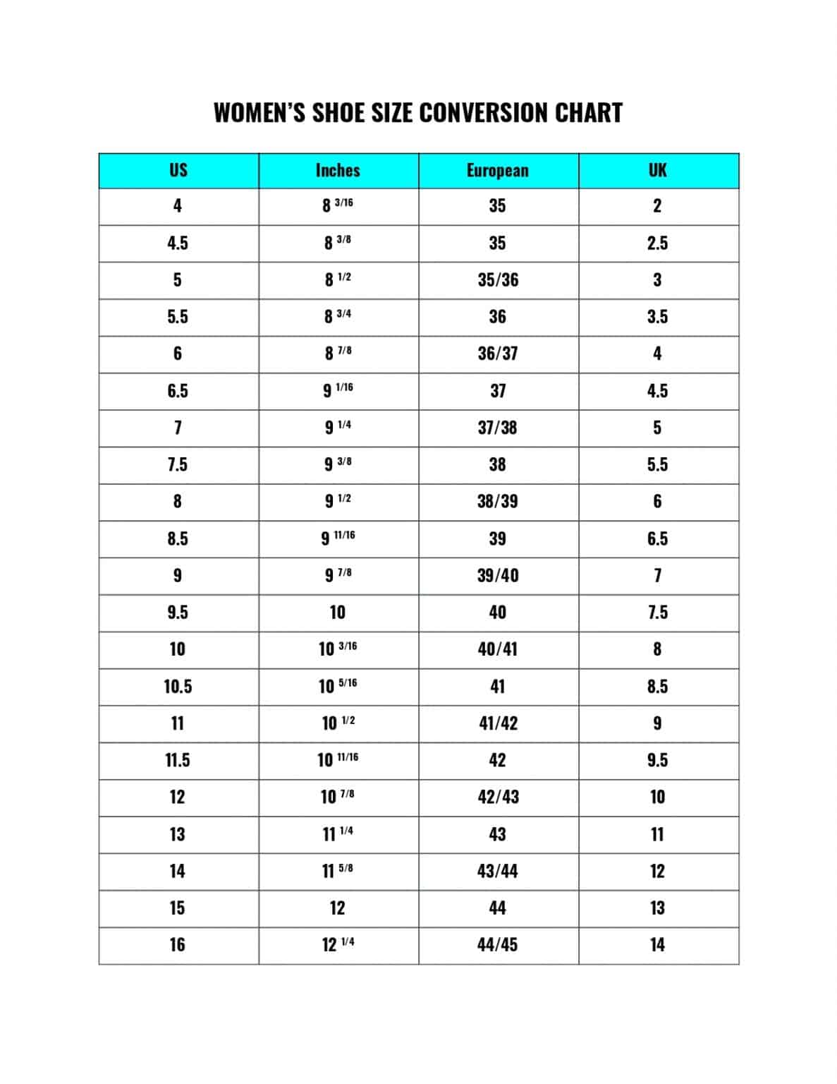 Yellow Box Shoe Size Conversion Chart From Inches